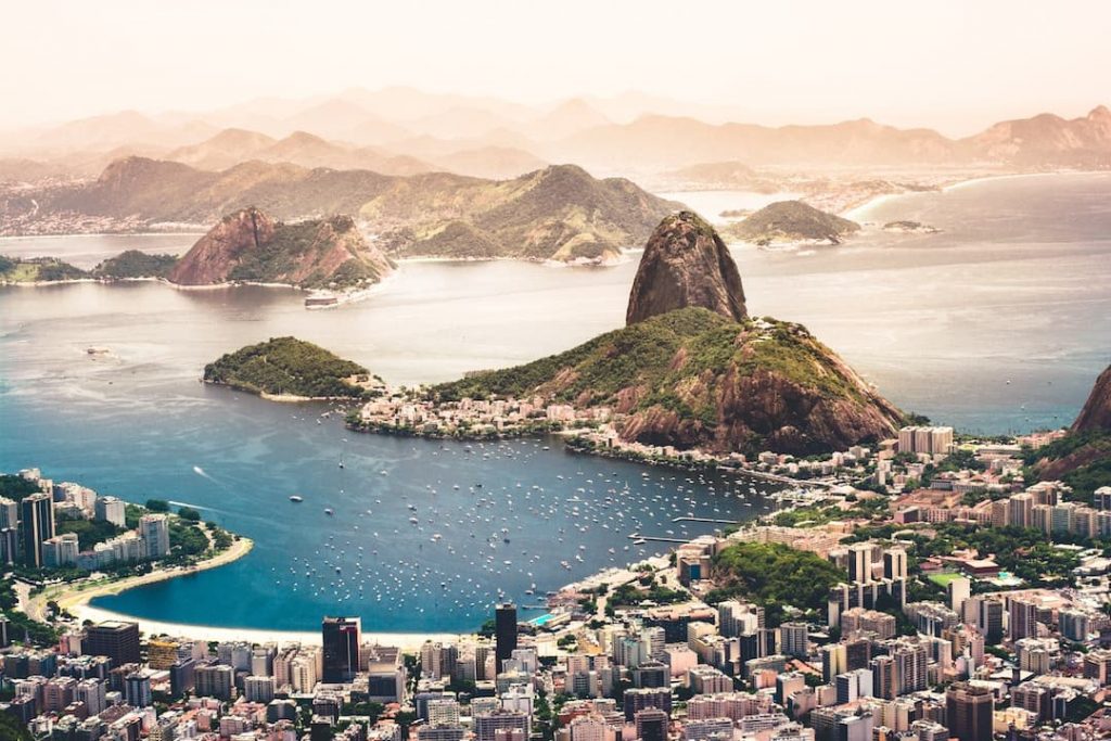 Bird's eye view of the water and coastal buildings in Rio de Janeiro, Brazil