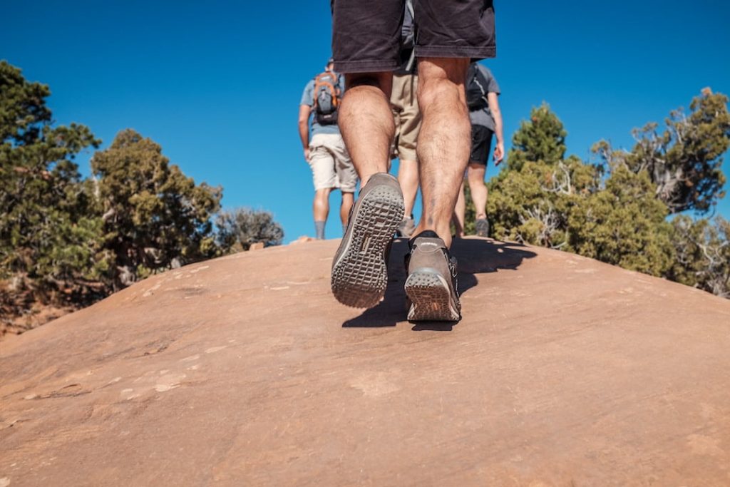 A worm's eye view of several people hiking across a brown trail