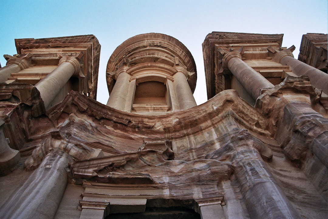 A worm's eye view of a temple in Jordan