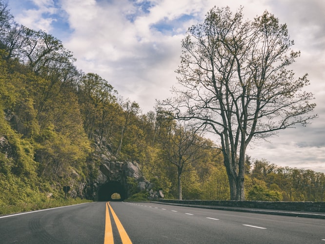 concrete road leading to a mountain tunnel covered in green trees during day