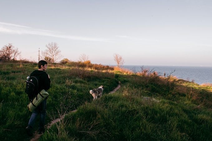 A person hiking with their dog by the sea