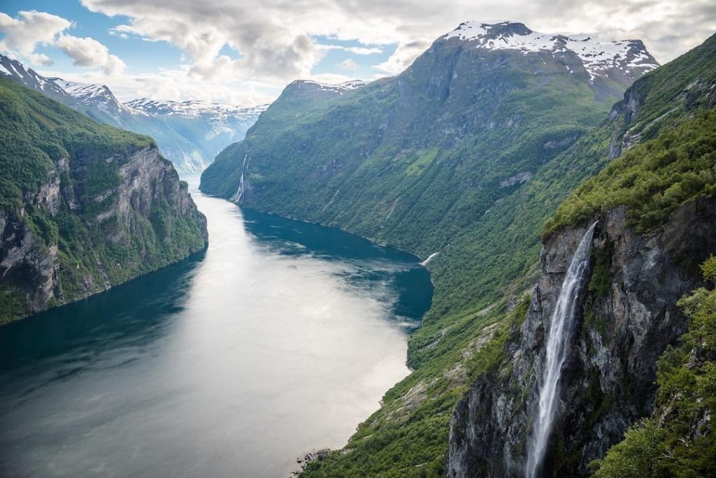 Mountains and a waterfall in Geirangerfjord, Norway