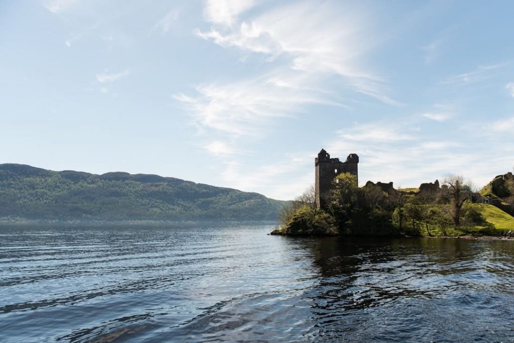 View of castle ruins on the shores of Loch Ness, Scotland