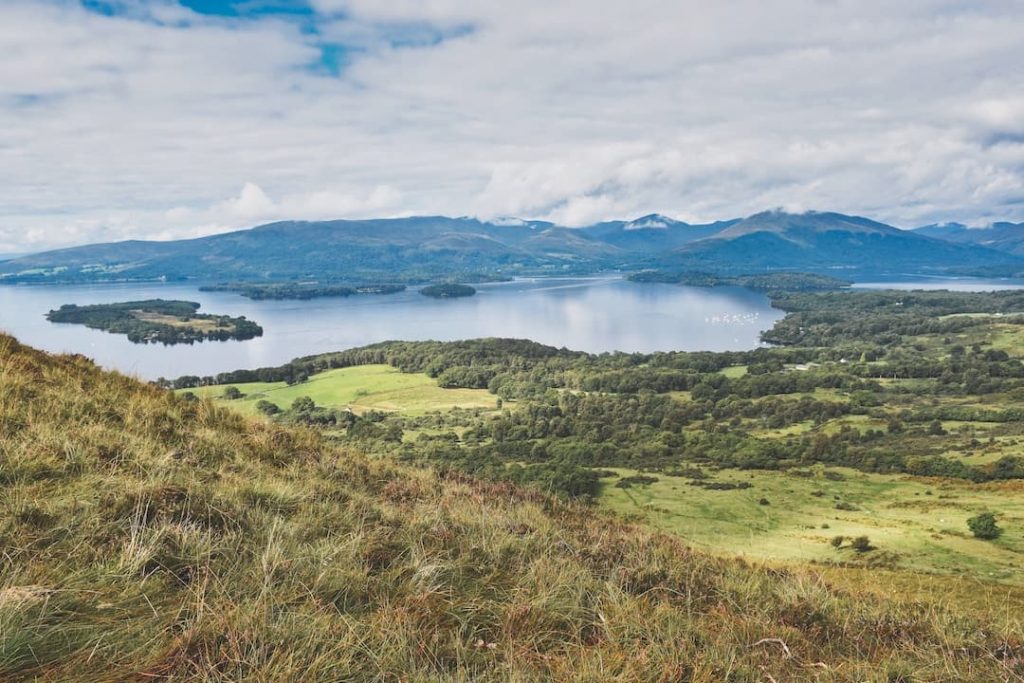 Aerial view of Loch Lomond and the Trossachs National Park, Scotland