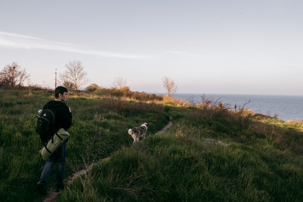 man walking on pathway nearby sea with a dog 