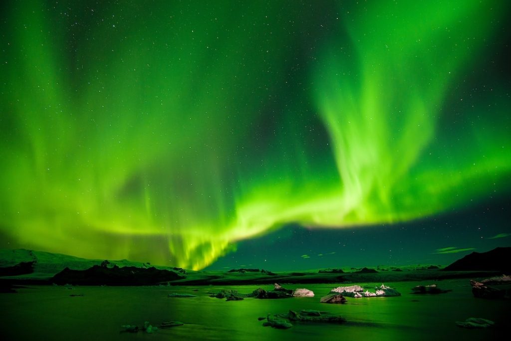 Northern lights dancing in the night sky in Iceland