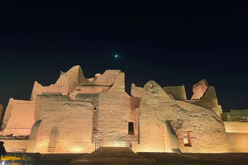 A night view of At-Turaif UNESCO World Heritage Site in Diriyah, Saudi Arabia.