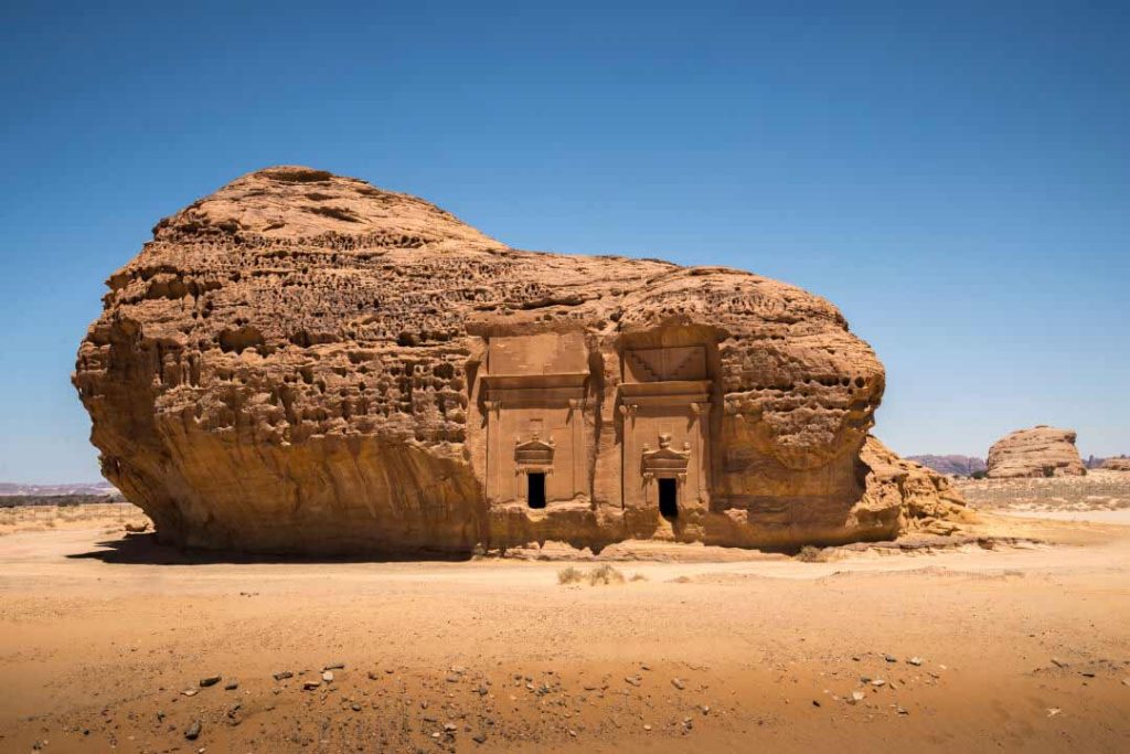 The image shows one of the impressive rock formations in AlUla, Saudi Arabia.